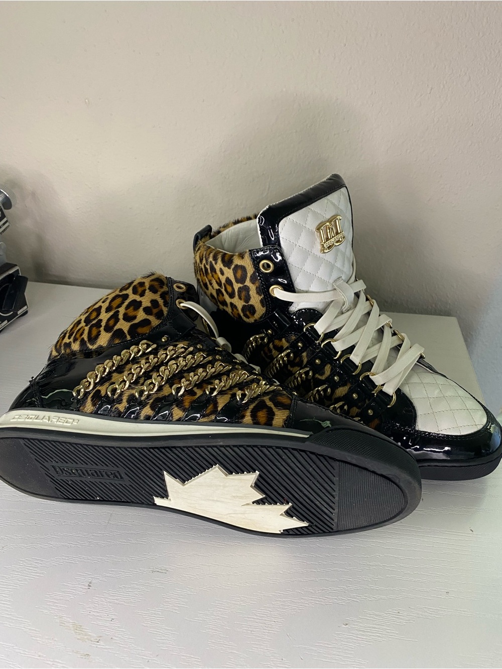DSQUARED2 Leopard & White Quilted High-Top Sneakers with Gold Chains